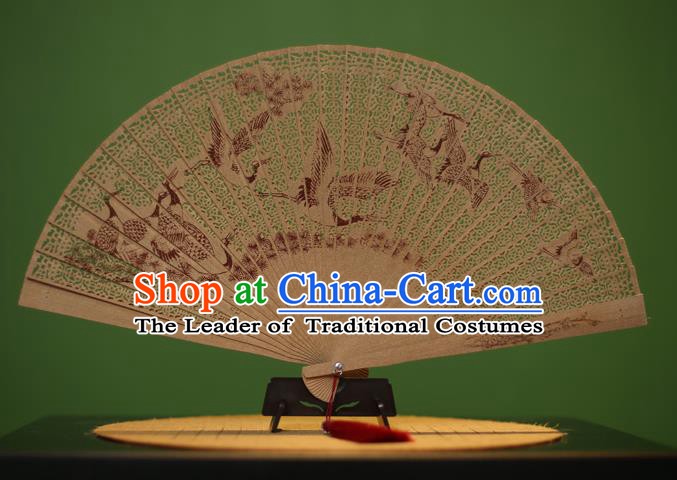 Traditional Chinese Crafts Sandalwood Folding Fan, China Handmade Carving Cranes Incienso Fans for Women