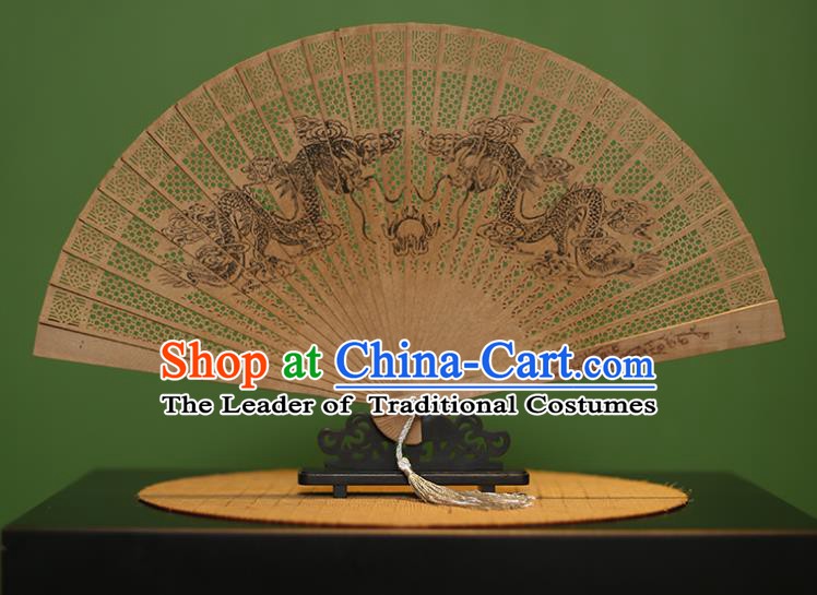 Traditional Chinese Crafts Sandalwood Folding Fan, China Handmade Carving Dragons Incienso Fans for Women