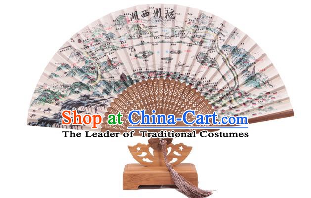 Traditional Chinese Crafts Printing West Lake Scenery Classical Folding Fan, China Handmade Silk Fans for Women