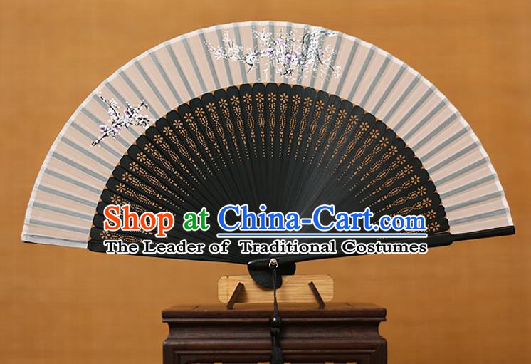 Traditional Chinese Crafts Printing Flowers Classical Folding Fan, China Handmade Black Bamboo Silk Fans for Women