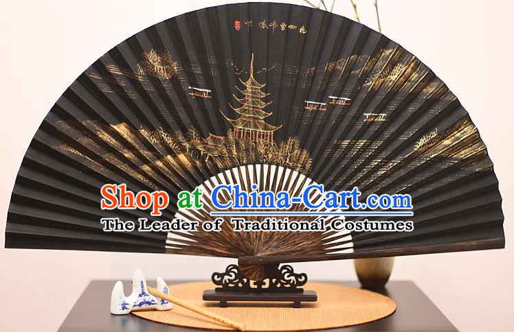 Traditional Chinese Crafts Printing Leifeng Pagoda Mulberry Paper Folding Fan, China Handmade Bamboo Palm Fans for Men