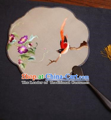 Traditional Chinese Crafts Suzhou Embroidery Palace Fan, China Princess Embroidered Bird Flower Silk Fans for Women