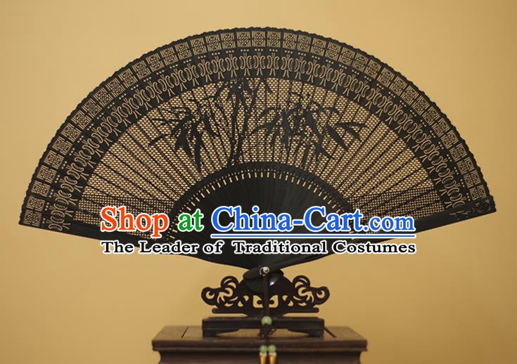 Traditional Chinese Crafts Hollow Out Bamboo Folding Fan, China Handmade Sandalwood Black Fans for Women