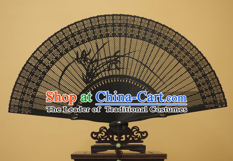 Traditional Chinese Crafts Hollow Out Orchid Folding Fan, China Handmade Sandalwood Black Fans for Women