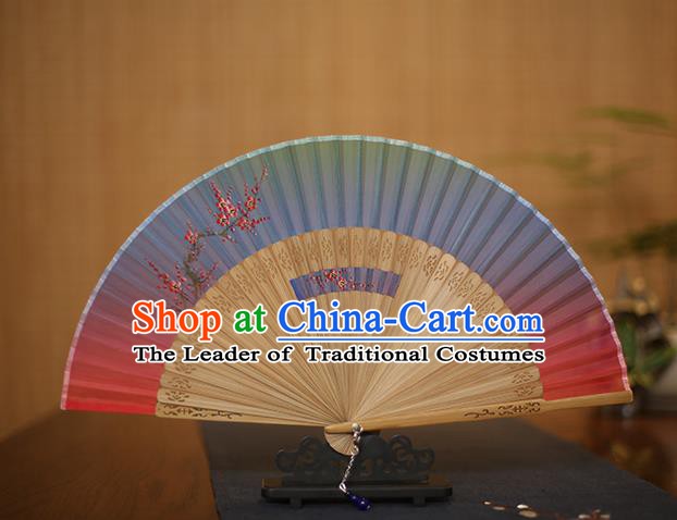 Traditional Chinese Crafts Printing Plum Blossom Folding Fan, China Handmade Classical Blue Silk Fans for Women