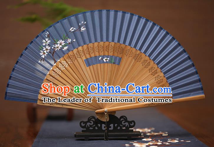 Traditional Chinese Crafts Printing Wintersweet Folding Fan, China Handmade Classical Blue Silk Fans for Women