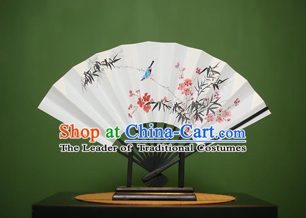 Traditional Chinese Crafts Printing Magpie Wintersweet Paper Folding Fan, China Handmade Classical Fans for Women