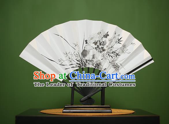 Traditional Chinese Crafts Printing Orchid Chrysanthemum Paper Folding Fan, China Handmade Classical Fans for Women