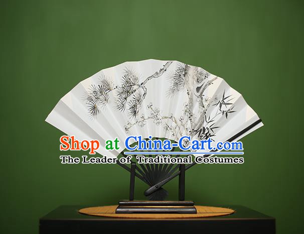 Traditional Chinese Crafts Printing Pine Bamboo Paper Folding Fan, China Handmade Classical Fans for Women