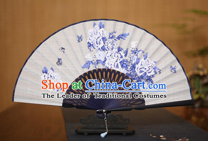 Traditional Chinese Crafts Printing Peony Folding Fan, China Handmade Classical White Fans for Women