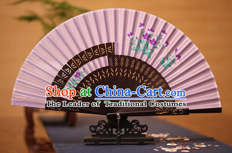 Traditional Chinese Crafts Printing Flowers Folding Fan, China Handmade Classical Lilac Silk Fans for Women