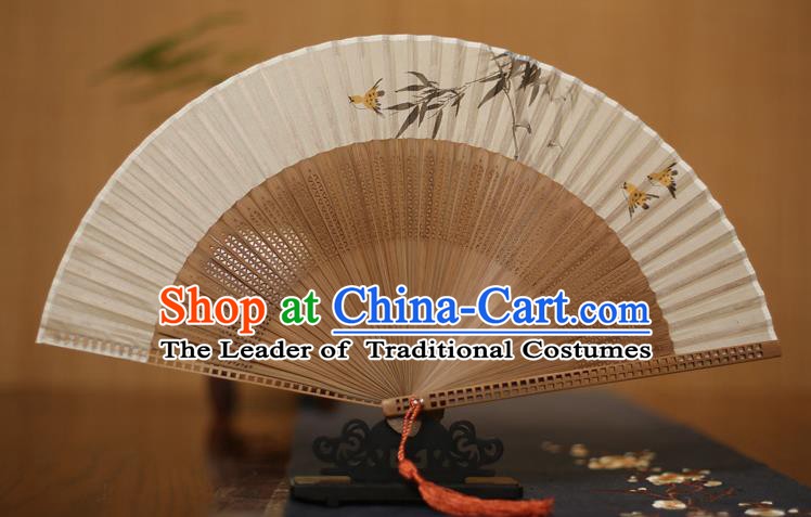 Traditional Chinese Crafts Printing Bamboo Leaf Folding Fan, China Handmade Classical Silk Pierced Fans for Women