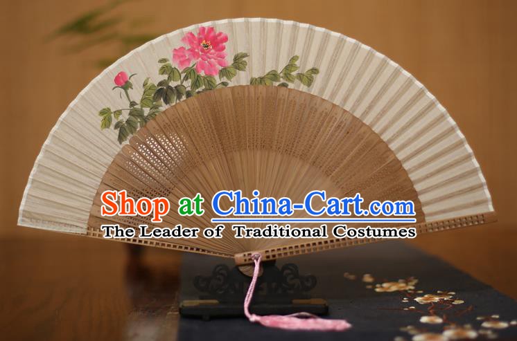 Traditional Chinese Crafts Printing Peony Folding Fan, China Handmade Classical Silk Pierced Fans for Women