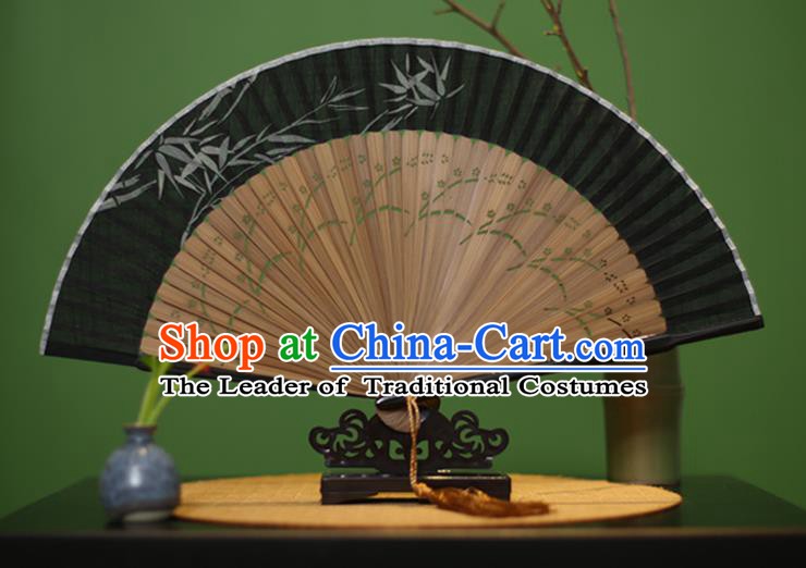 Traditional Chinese Crafts Printing Bamboo Black Linen Folding Fan, China Handmade Classical Fans for Women