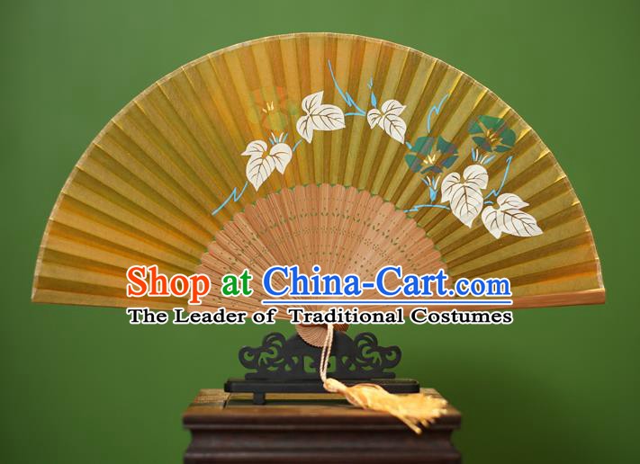 Traditional Chinese Crafts Printing Morning Glory Folding Fan, China Handmade Classical Yellow Silk Fans for Women