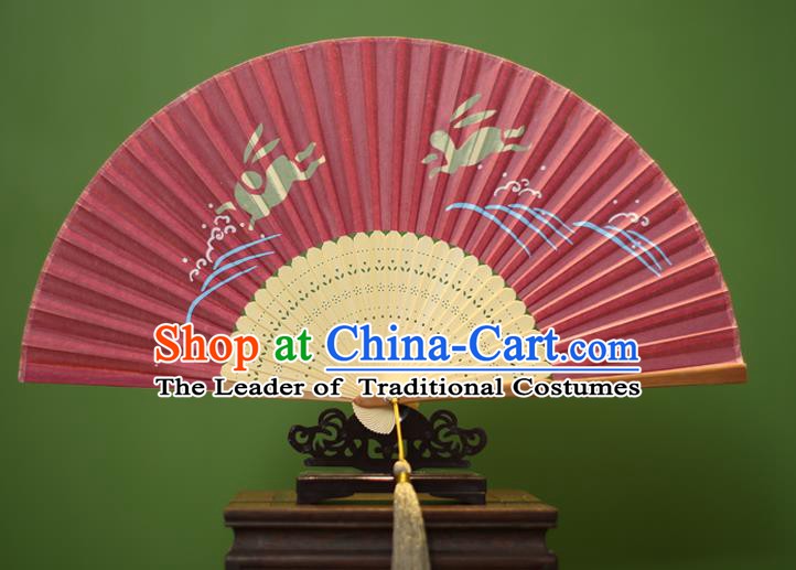 Traditional Chinese Crafts Printing Rabbit Folding Fan, China Handmade Classical Silk Fans for Women