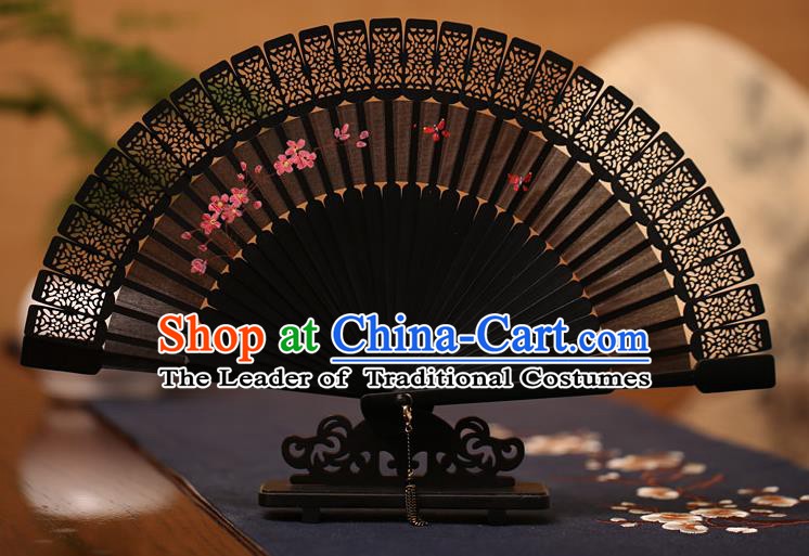 Traditional Chinese Crafts Hand Painting Folding Fan, China Handmade Classical Carving Black Fans for Women