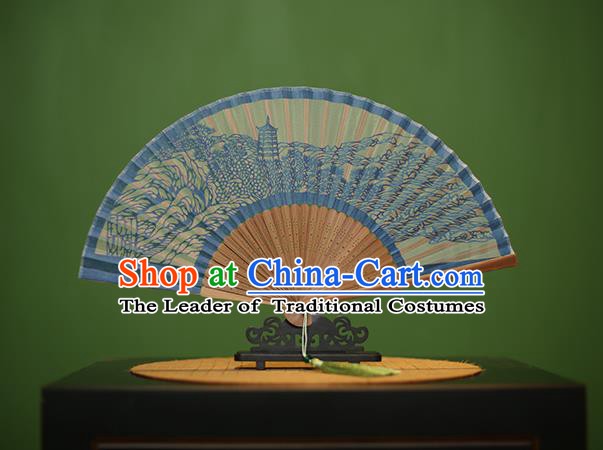 Traditional Chinese Crafts Hand Painting West Lake Scenery Folding Fan, China Handmade Classical Blue Silk Fans for Women