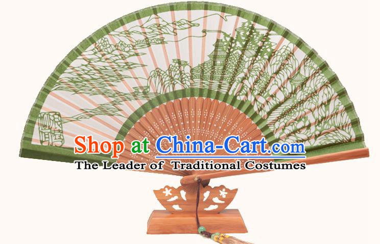 Traditional Chinese Crafts Hand Painting West Lake Scenery Folding Fan, China Handmade Classical Green Silk Fans for Women