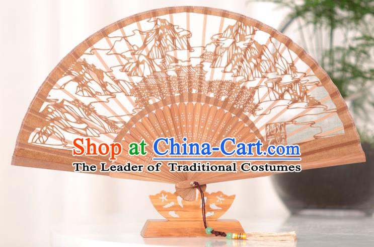 Traditional Chinese Crafts West Lake Scenery Folding Fan, China Handmade Classical Brown Silk Fans for Women