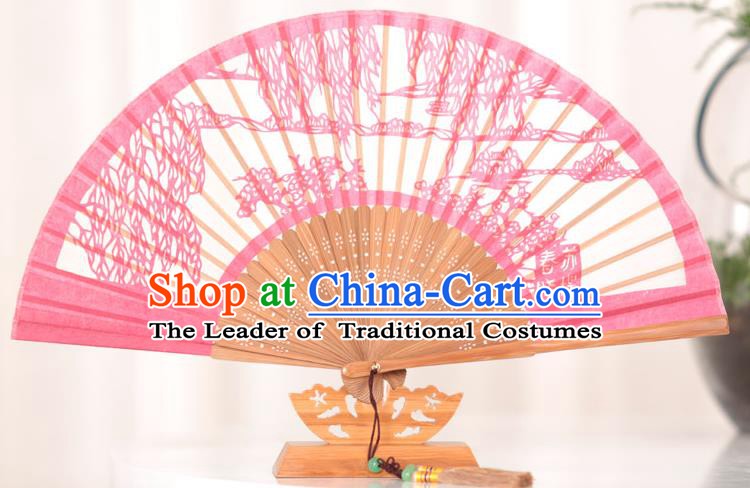 Traditional Chinese Crafts Su Causeway Folding Fan, China Handmade Classical Pink Silk Fans for Women