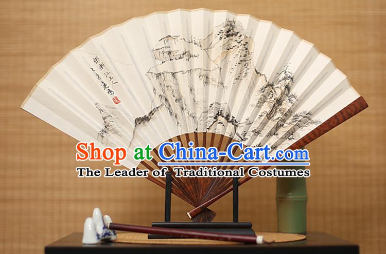 Traditional Chinese Crafts Ink Painting Paper Folding Fan, China Handmade Ebony Fans for Men