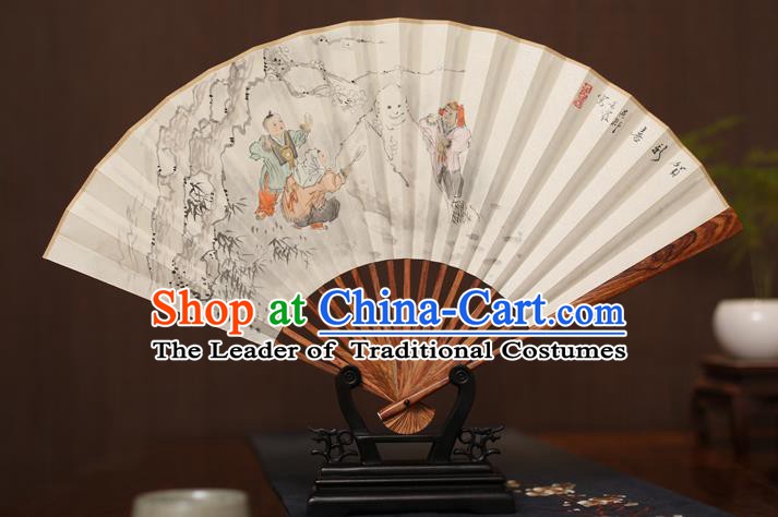 Traditional Chinese Crafts Ink Painting Snowmen Paper Folding Fan, China Handmade Pear Wood Fans for Men