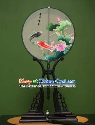 Traditional Chinese Crafts Suzhou Embroidery Lotus Fish Palace Fan, China Princess Embroidered Silk Round Fans for Women