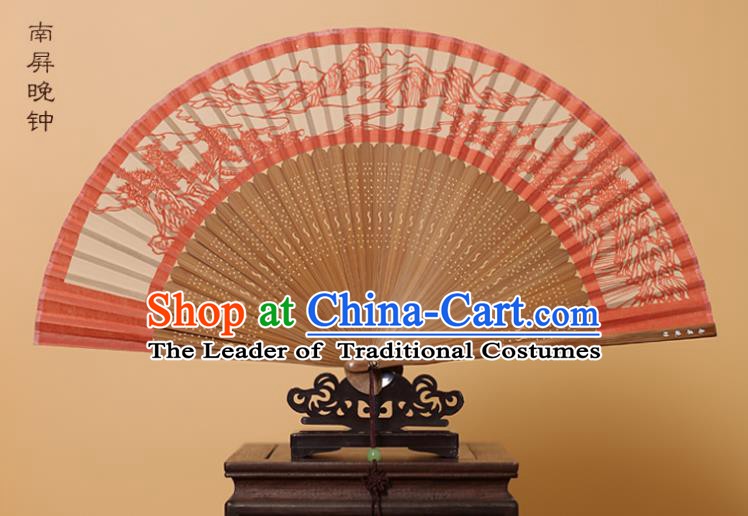 Traditional Chinese Crafts Landscape Scenery Folding Fan, China Handmade Scissor-Cut Red Silk Fans for Women