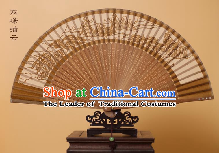 Traditional Chinese Crafts Mountain Scenery Folding Fan, China Handmade Scissor-Cut Brown Silk Fans for Women