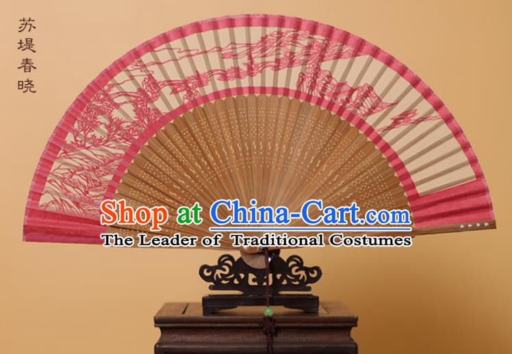 Traditional Chinese Crafts Su Causeway Spring Scenery Folding Fan, China Handmade Scissor-Cut Rosy Silk Fans for Women