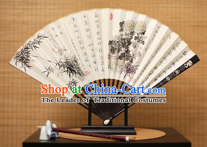 Traditional Chinese Crafts Collectables Autograph Xuan Paper Folding Fan, China Handmade Ink Painting Bamboo Chrysanthemum Fans for Men