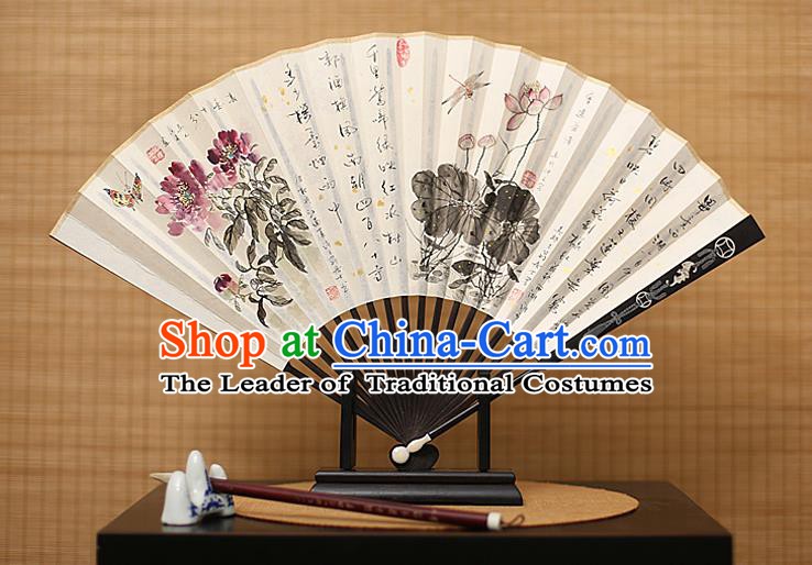 Traditional Chinese Crafts Collectables Autograph Xuan Paper Folding Fan, China Handmade Ink Painting Lotus Peony Fans for Men