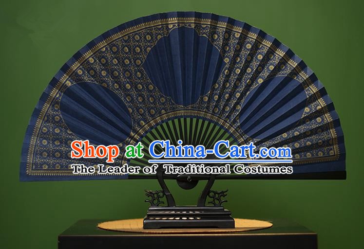 Traditional Chinese Crafts Blue Paper Folding Fan, China Handmade Gold Stamping Fans for Men