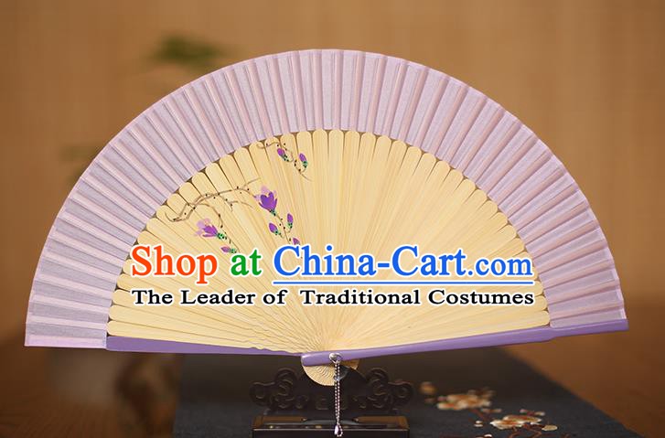 Traditional Chinese Crafts Printing Magnolia Classical Folding Fan, China Handmade Purple Silk Fans for Women