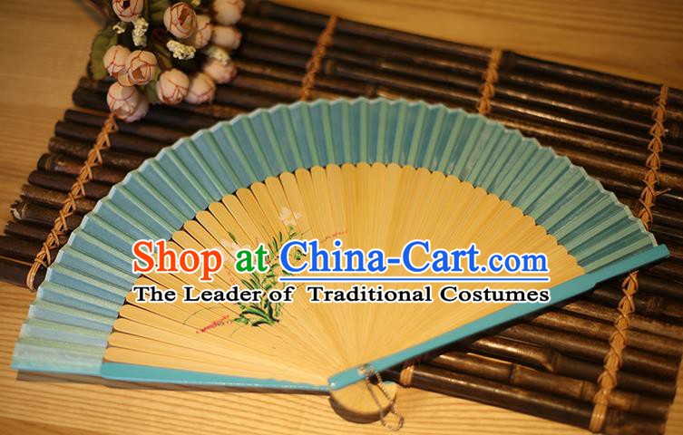 Traditional Chinese Crafts Printing Flowers Classical Folding Fan, China Handmade Blue Silk Fans for Women