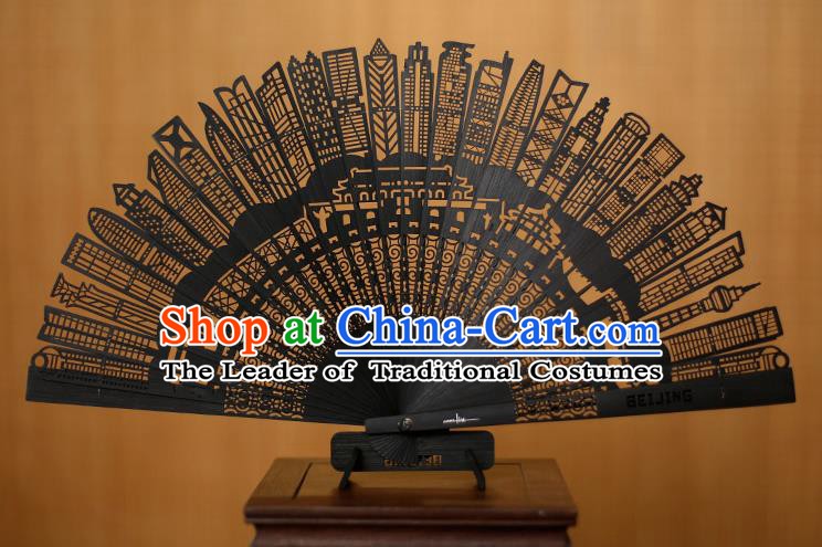 Traditional Chinese Crafts Hollow Out Bamboo Folding Fan, China Handmade Sandalwood Black Fans for Women