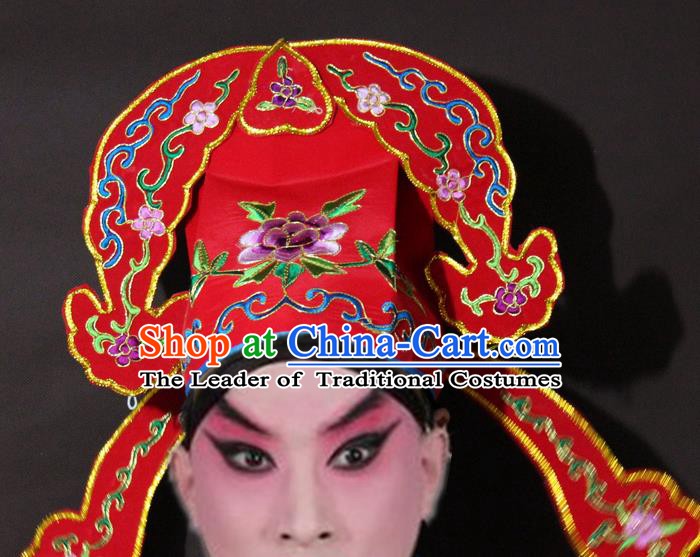 Traditional China Beijing Opera Niche Embroidery Red Hats, Chinese Peking Opera Scholar Headwear