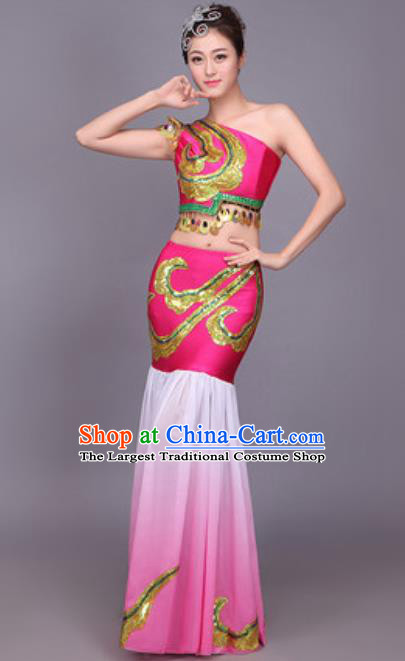 Chinese Traditional Dai Nationality Peacock Dance Costume Pavane Rosy Dress for Women