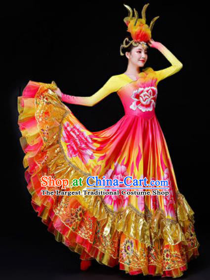 Professional Opening Dance Costume Stage Performance Modern Dance Peony Flowers Dress for Women