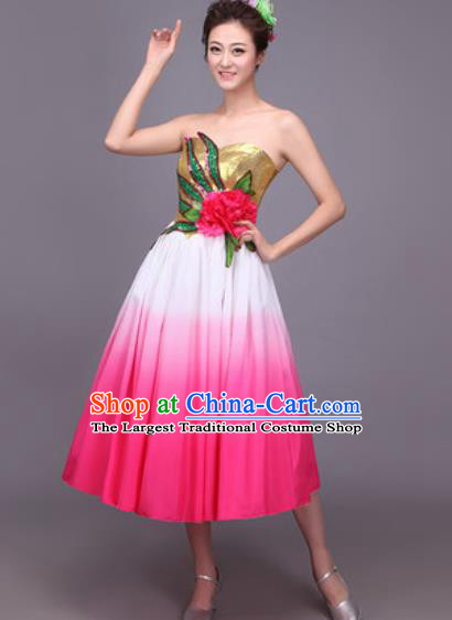 Professional Modern Dance Rosy Dress Opening Dance Stage Performance Chorus Costume for Women