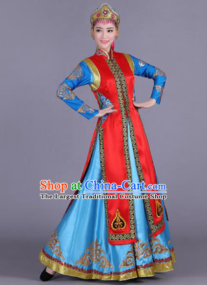 Chinese Traditional Mongol Nationality Costume Mongolian Folk Dance Ethnic Red Dress for Women