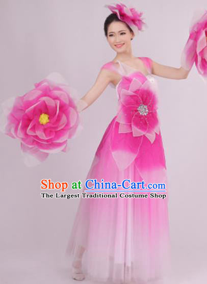 Top Grade Chorus Costume Modern Dance Stage Performance Pink Peony Dress for Women