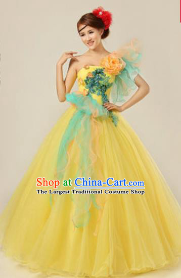 Top Grade Modern Dance Costume Ballroom Waltz Stage Performance Chorus Yellow Dress for Women