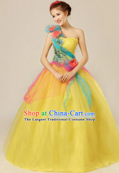 Top Grade Chorus Compere Yellow Veil Costume Modern Dance Ballroom Waltz Stage Performance Dress for Women