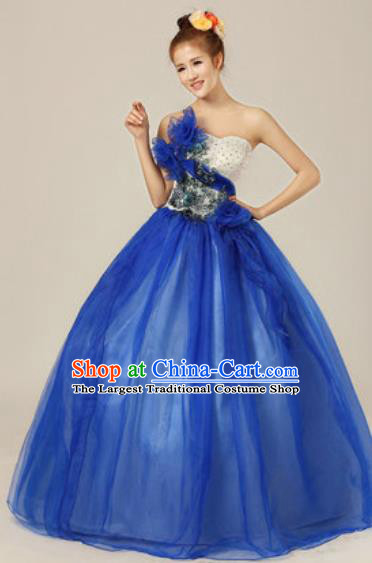 Top Grade Chorus Compere Blue Veil Costume Modern Dance Ballroom Waltz Stage Performance Dress for Women