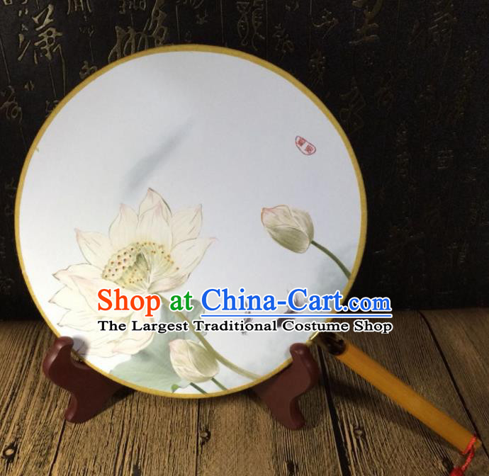 Chinese Ancient Palace Fans Handmade Printing Lotus Round Fans for Women