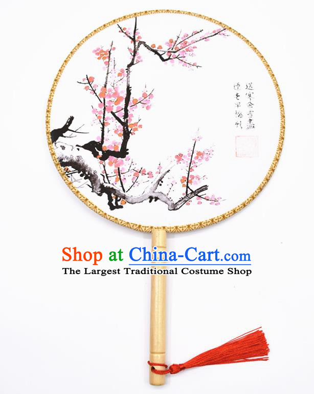 Chinese Ancient Palace Fans Handmade Ink Painting Red Plum Blossom Round Fans for Women