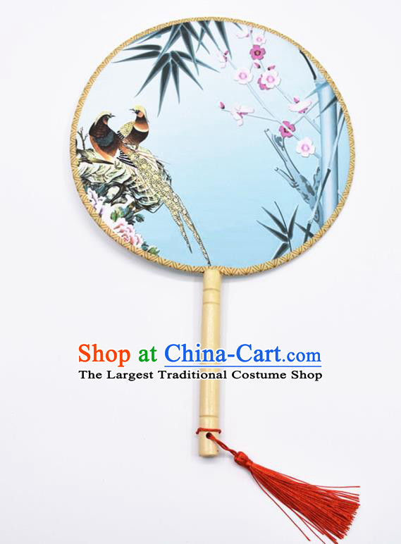 Chinese Ancient Palace Fans Handmade Traditional Printing Birds Blue Silk Round Fans for Women