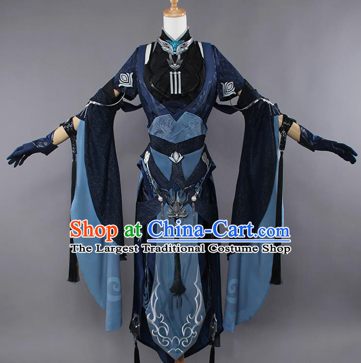 Chinese Traditional Cosplay Female Swordsman Costumes Ancient Knight Navy Dress for Women